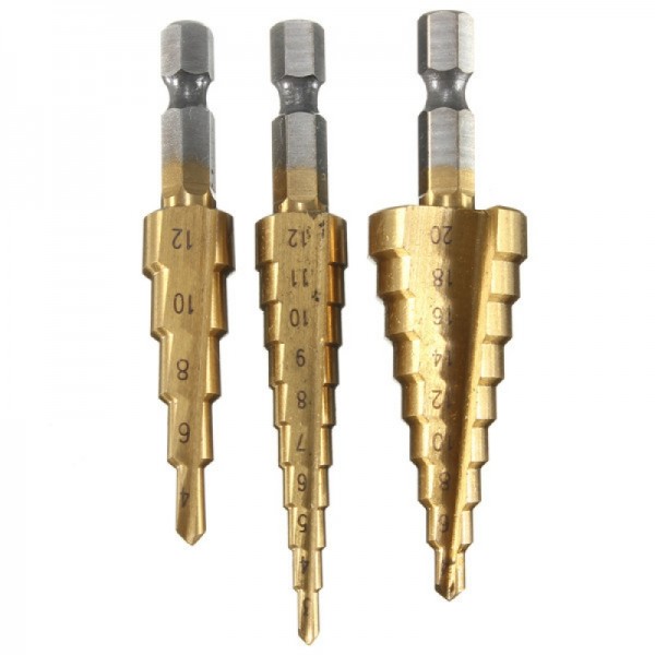 3pcs Hex Shank Titanium Coated HSS Step Drill Bit Set Metric 3-12/4-12/4-20mm