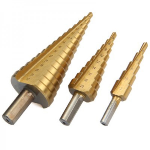 3pcs Hex Shank Titanium Coated HSS Step Drill Bit Set Metric 4-12/4-20/4-32mm