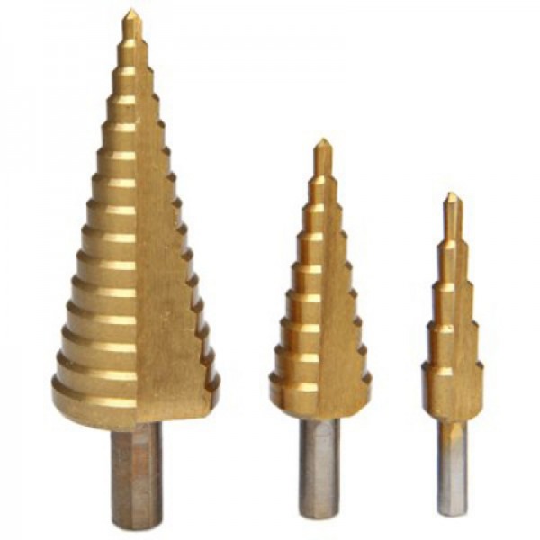 3pcs Hex Shank Titanium Coated HSS Step Drill Bit Set Metric 4-12/4-20/4-32mm