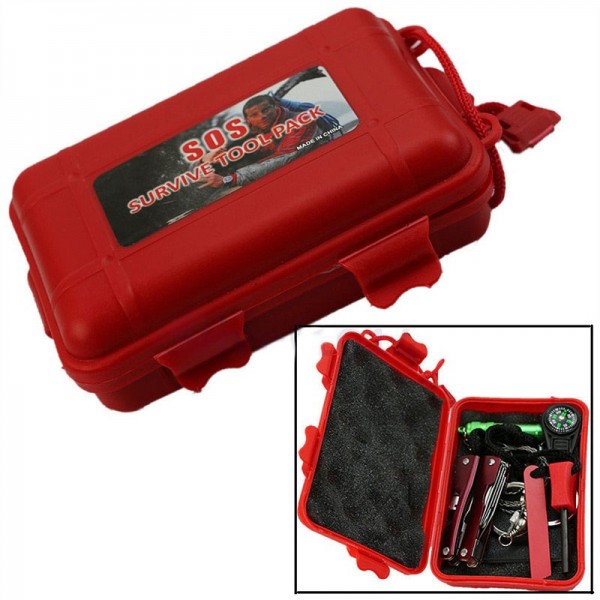 Outdoor SOS Survival Emergency Gear Kit Tool Box Red