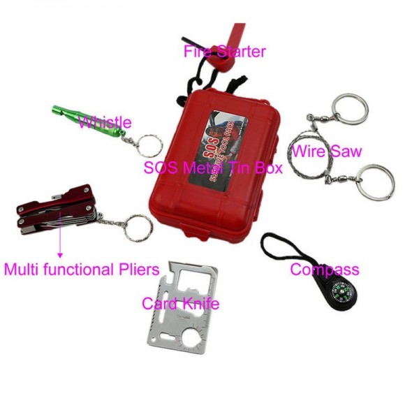 Outdoor SOS Survival Emergency Gear Kit Tool Box Red