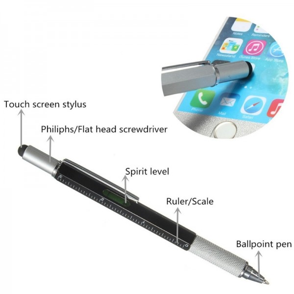 6-in-1 Ballpoint Pen Screwdrivers Stylus Ruler Spirit Level - Black